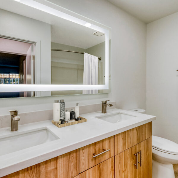 Bathroom with LED lit vanity mirror, double sink and new modern cabinetry and fixtures